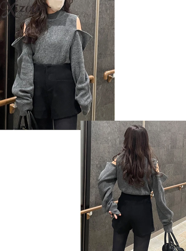 Swetry damskie z odkrytymi ramionami, dzianinowe, japońskie, koreańskie, na jesień i zimę 2025, dopasowane, z golfem, z wysokim kołnierzem, ażurowe, wiązane.