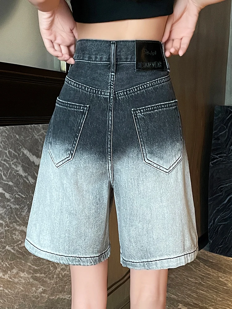 

Gradient black shorts for women 2025 new hot summer fashion denim leg pants over the knees wide legs 5-point pants