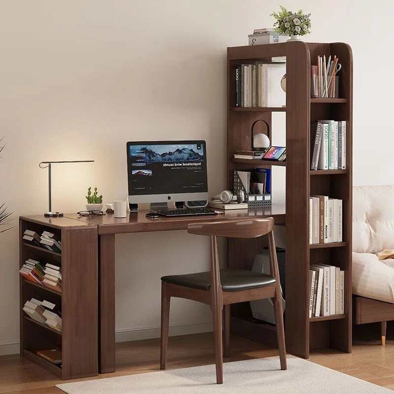 

Solid wood retractable corner desk, bookshelf integrated