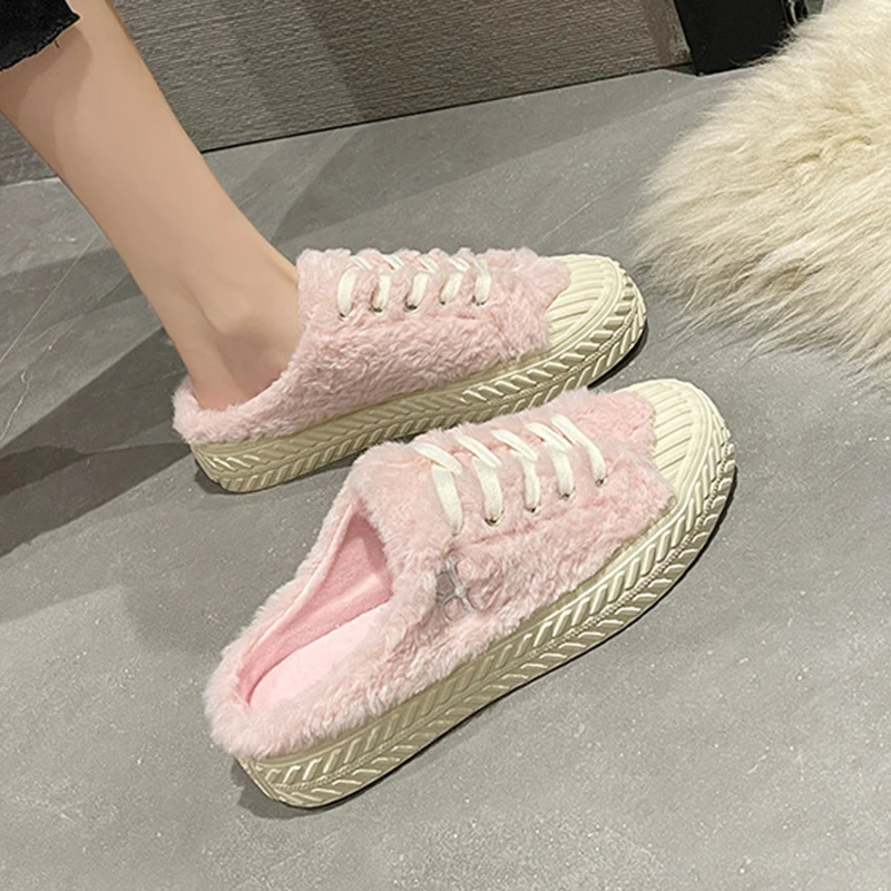 

2024 Fashion Indoor and outdoor womens slippers Winter plush insulation Women's sabot shoes Soft lace up Lazy furry Slippers