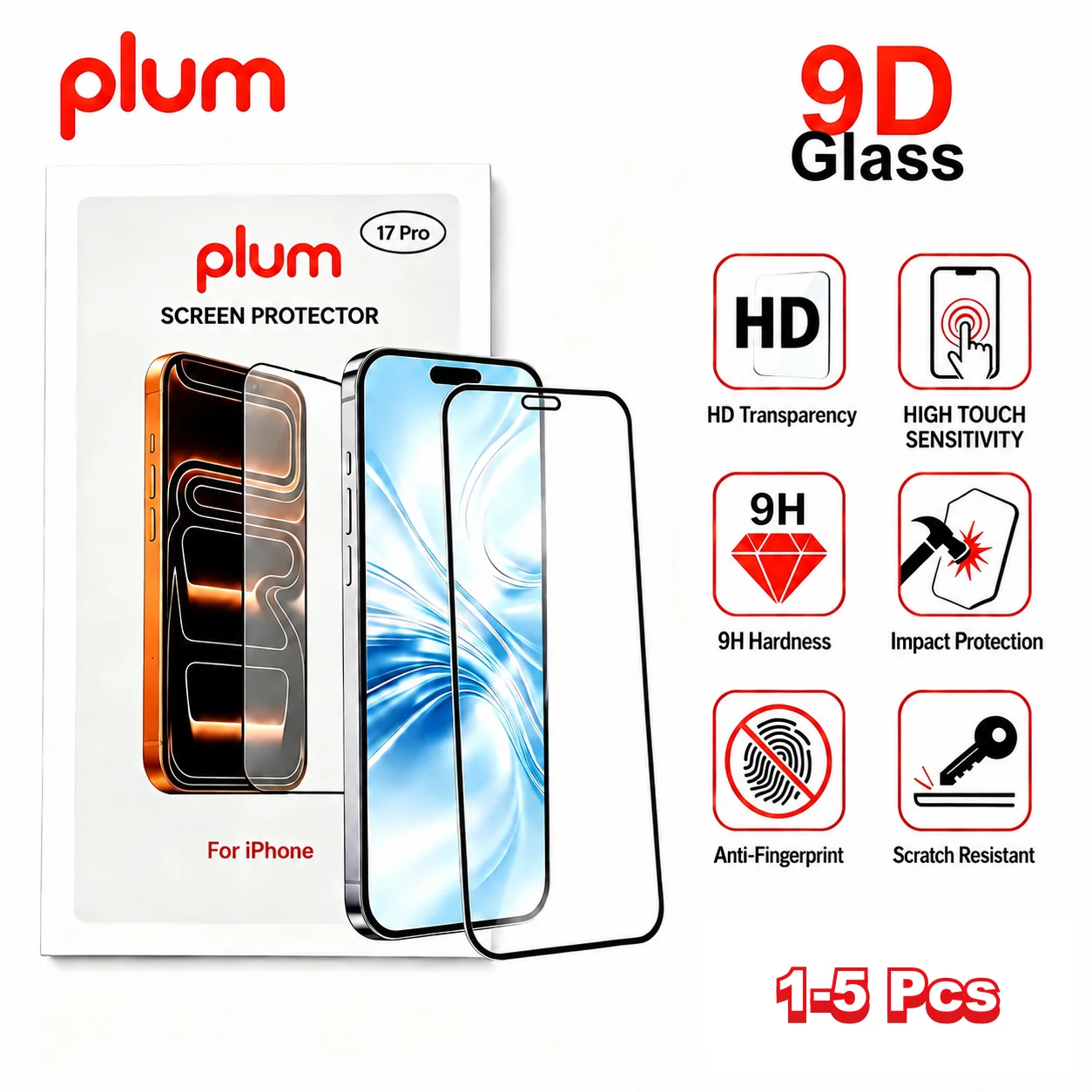 Szkło hartowane Plum do iPhone 17 16 15 18 Pro, osłona ekranu do iPhone 14 13 Plus ProMax, folia ochronna 9H.