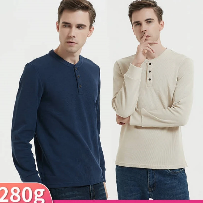 

High end 280g American Washed Henry Shirt 80% Cotton +20% Polyester Men's Long Sleeve Round Neck Henry T-shirt Men Clothing