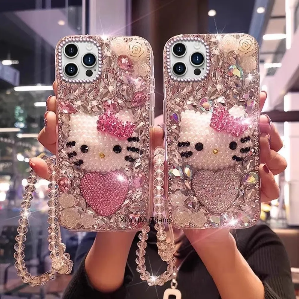 Diamant-Strass Hello Kitty Handyhülle für iPhone 18 17 16 Plus 15 Pro 14 Pro Max 13 12 11 Sanrio Mädchen Hochwertiges Luxuriöses Geschenk