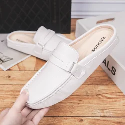 2022 Men Half Shoes Casual Luxury Brand Italian Handmande Slipon Men Driving Shoes Leather Summer Comfort Slippers Loafers White