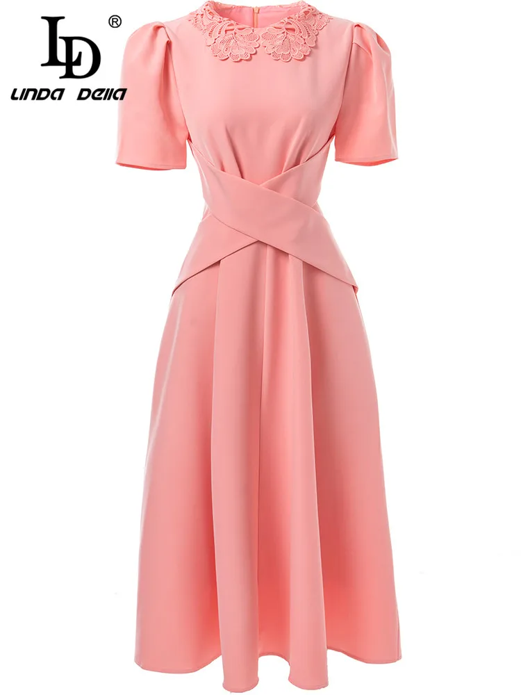 

LD LINDA DELLA New 2023 Summer Fashion Women Pink Elegant Big Swing Long Dress O-Neck Embroidery Cross Slim A-Line Dresses