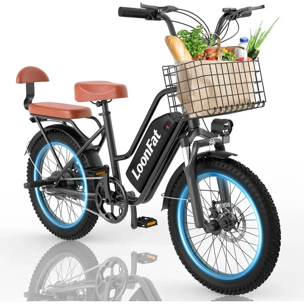 Dual-Seat 1000W Electric Bike - 48V 13Ah, Rear Rack & Front Suspension, 20 x 3.0 Tires