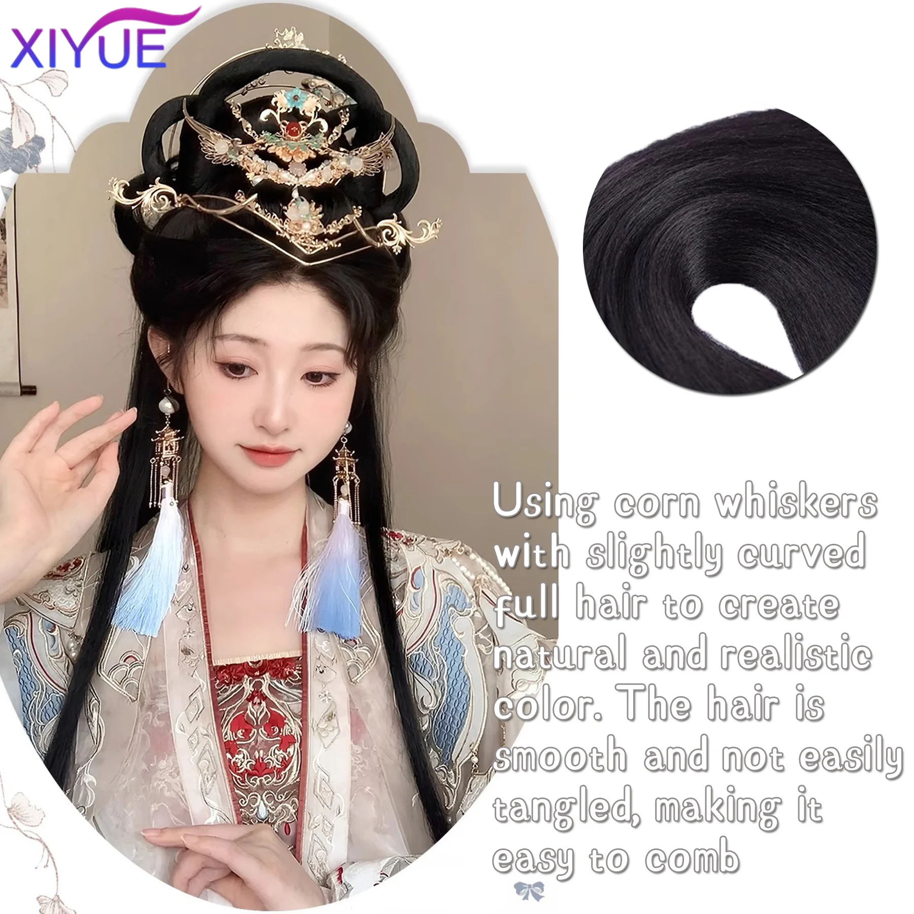 XIYUE Chinese Traditional Retro Hair Chignon Synthetic Hanfu Cosplay Wig Black Fake Hair Bun Ancient Fairy Princess Hair Band