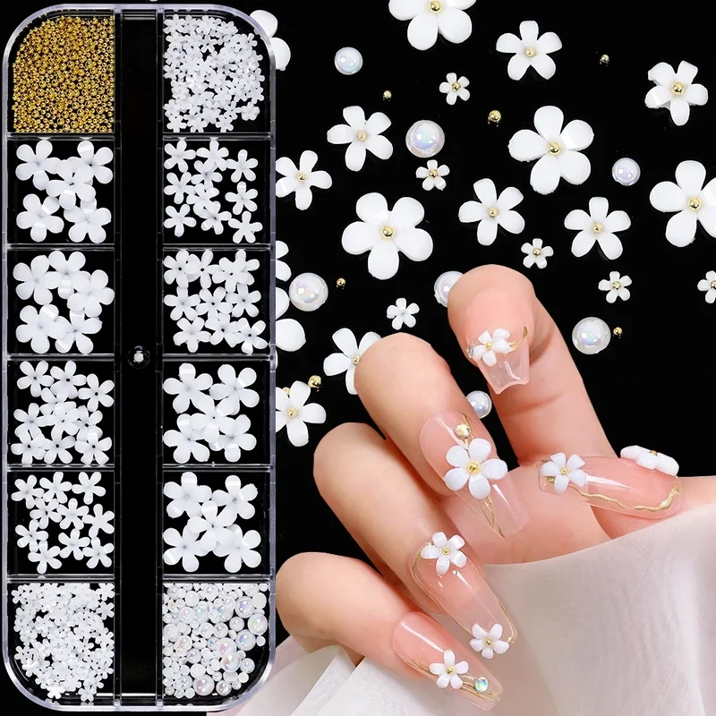 

12Grids/Box Mix White Gold Pearl Multi-szies Five-Petal White Flowers Arylic Nail Art Rhinestone Decorations Manicure Tips
