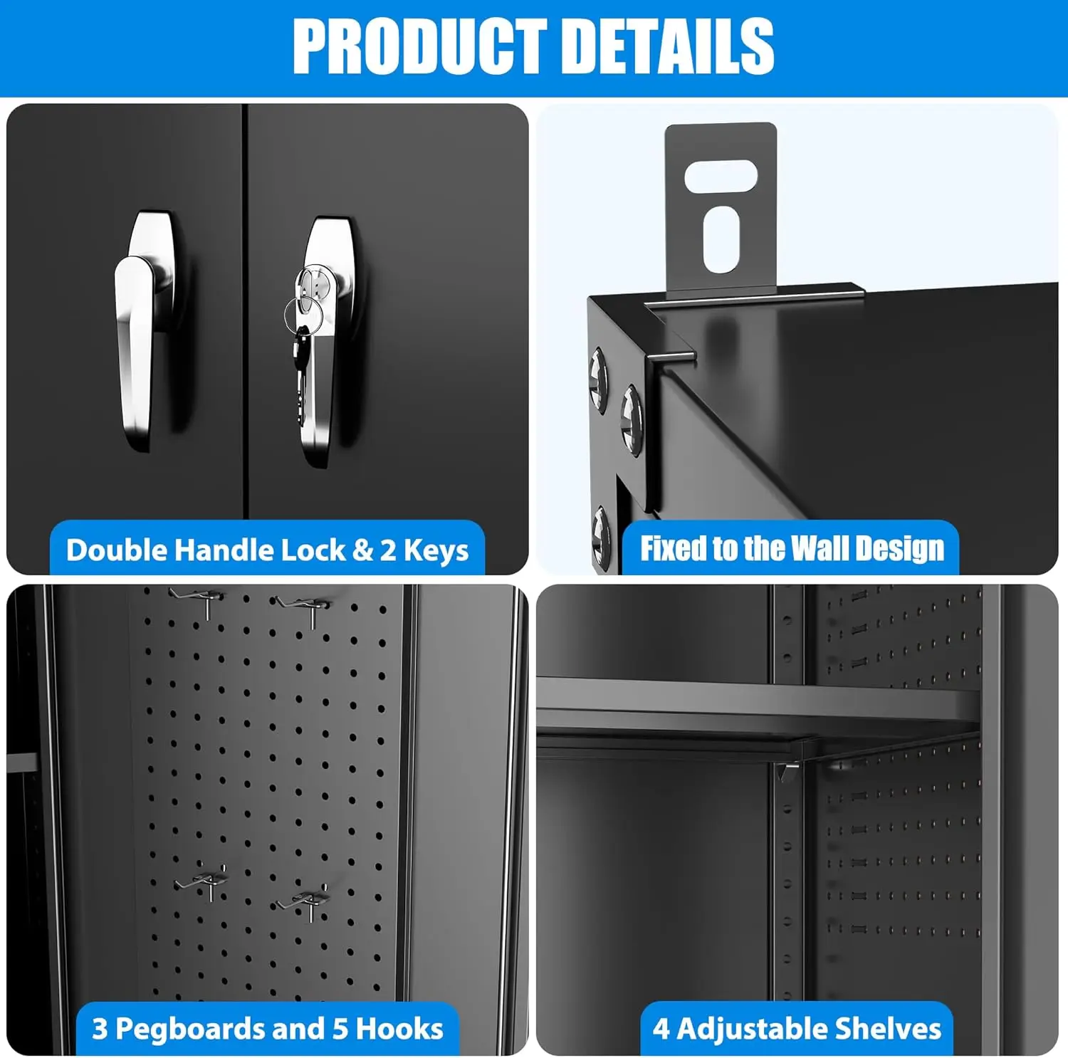 خزانة تخزين جراج واسعة وعميقة مطورة من Aobabo مع عجلات، وخزانة تخزين معدنية مع ألواح ربط للأبواب وقضيبين