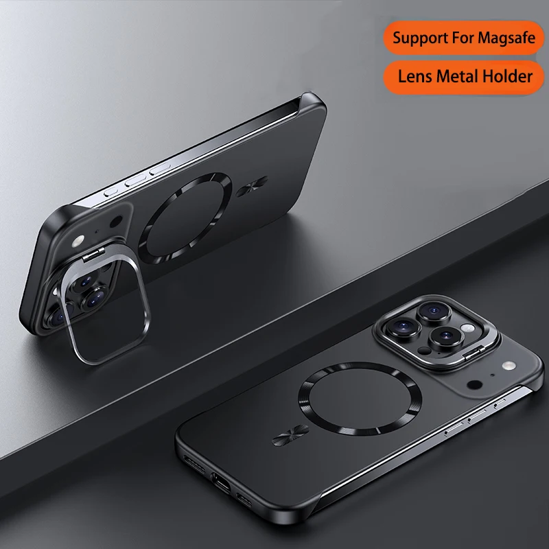 

Metal Lens Holder Frameless Magnetic Case For Magsafe iPhone 17 Air 16 15 14 Pro Max 13 Solid Ultra Thin Matte Skin PC Cover
