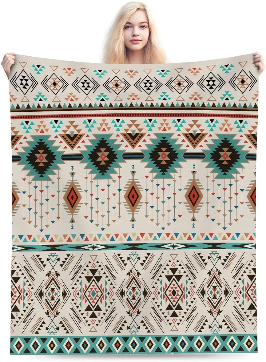 Boho Aztec Tribal Geometric Diamond Triangle Print Flannel Blanket Sofa Bedroom Warm Throw Blanket For Home Camping Daily Use