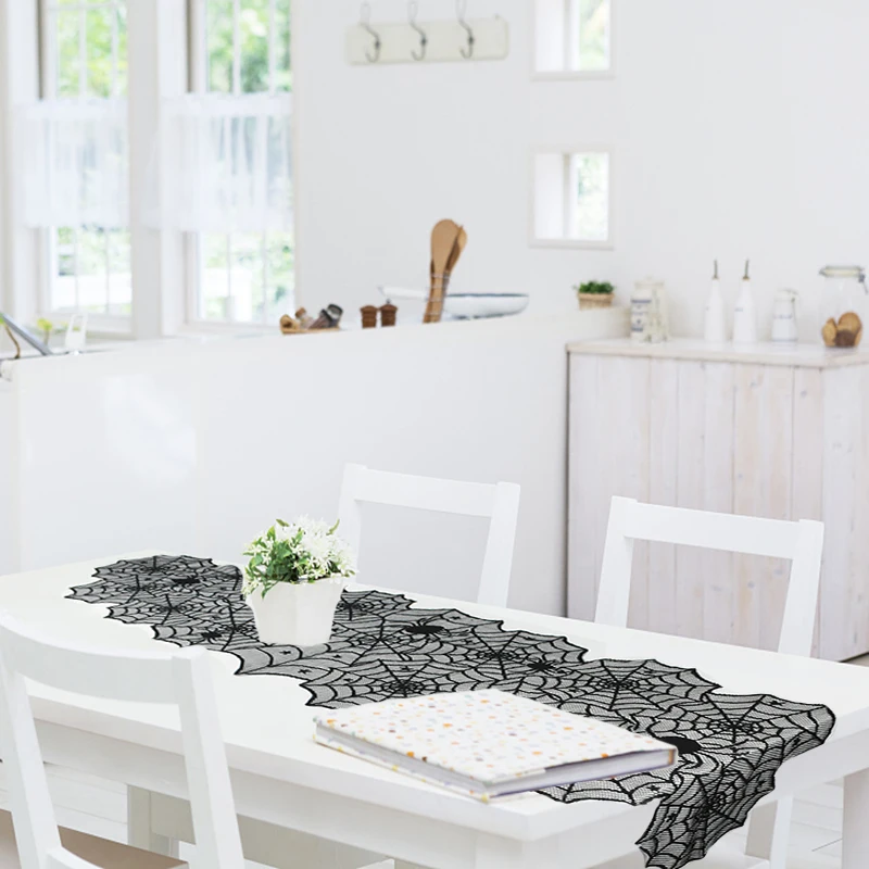 Halloween Spider Web Tablecloth Round Long Black Lace Table Flag Lampshade Fireplace Cloth Halloween Home Festival Decoration