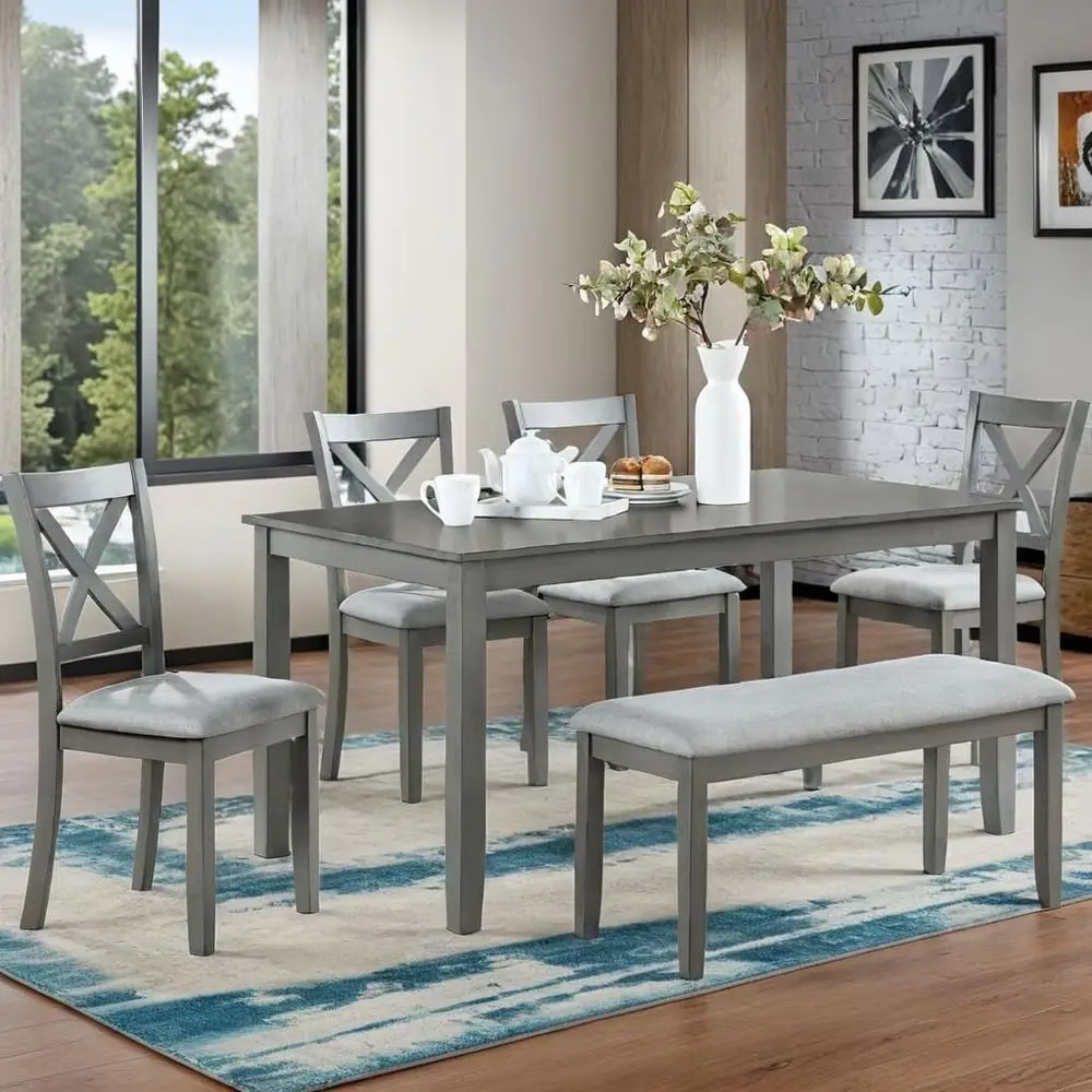 

Solid Wood 6-Piece Dining Set with 4 Upholstered Chairs and Bench, Grey, Suitable for Kitchen, Dining, Living Rooms