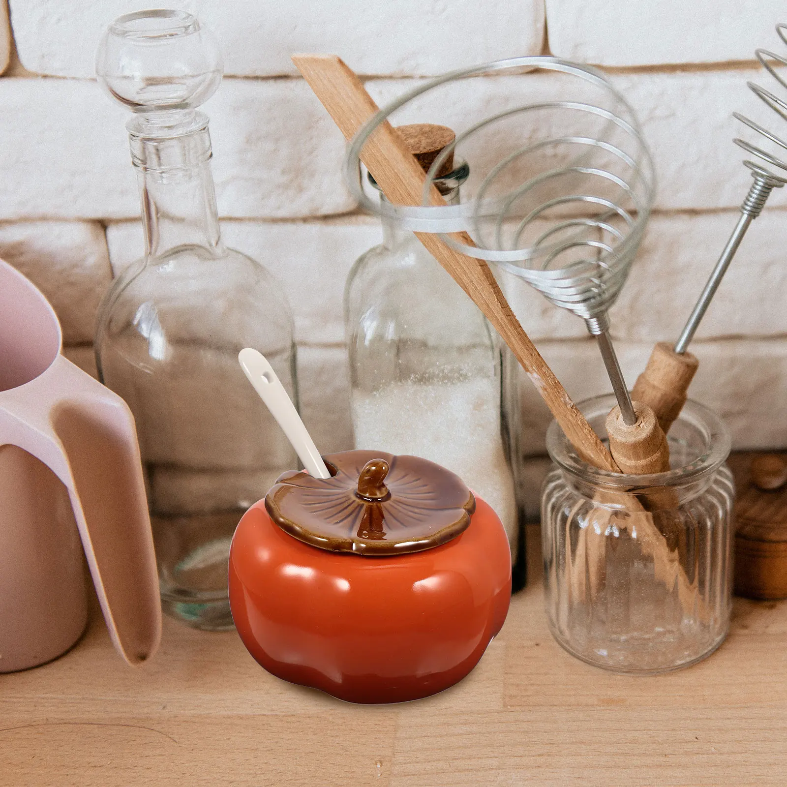 

1Set Ceramic Seasoning Jar Persimmon Design Stable Base High Temp Resistant Spice Container for Sugar Salt Chili Flour
