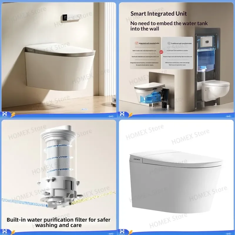 Wall Mounted Smart Toilet Automatic Ceramic Bidet Toilet White Hanging WC Intelligent Heated Seat Auto Flush Bathroom Fixture