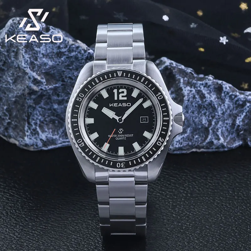 KEASO Men Quartz Watch Sapphire Ceramic Bezel Movement 200M Waterproof C3 Luminous Watch Solid 316L Steel Dive Quartz Men Watch