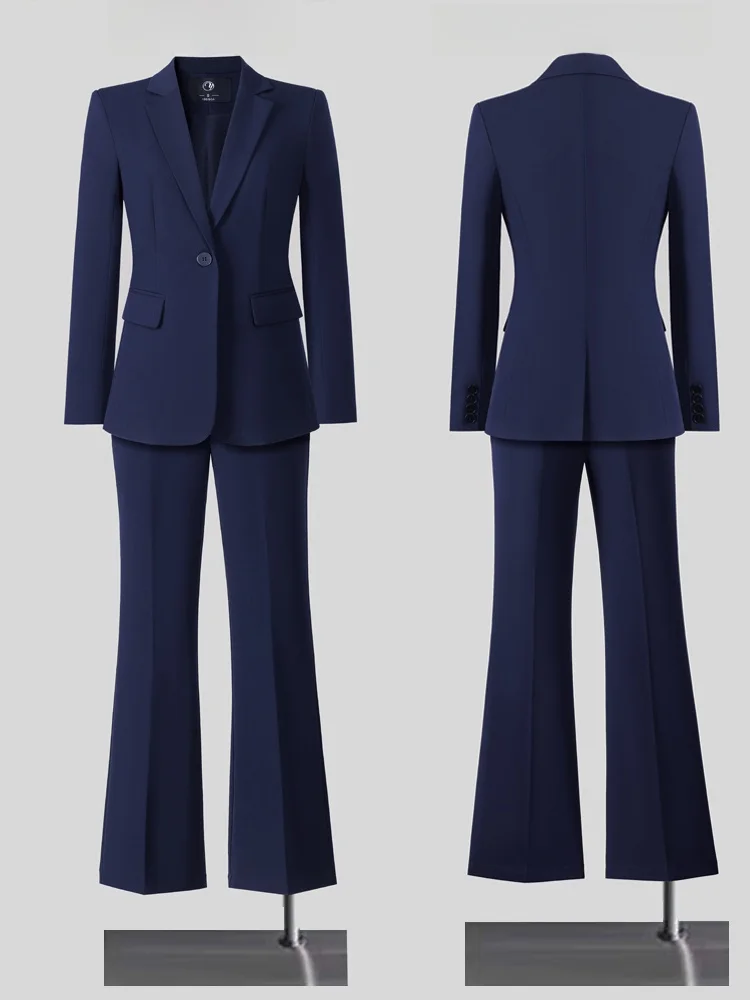Elegant Women's Suiting Set Formal Occasion Interview Government Civil Servant Navy Blue Tailored Jacket And Pants Ensemble