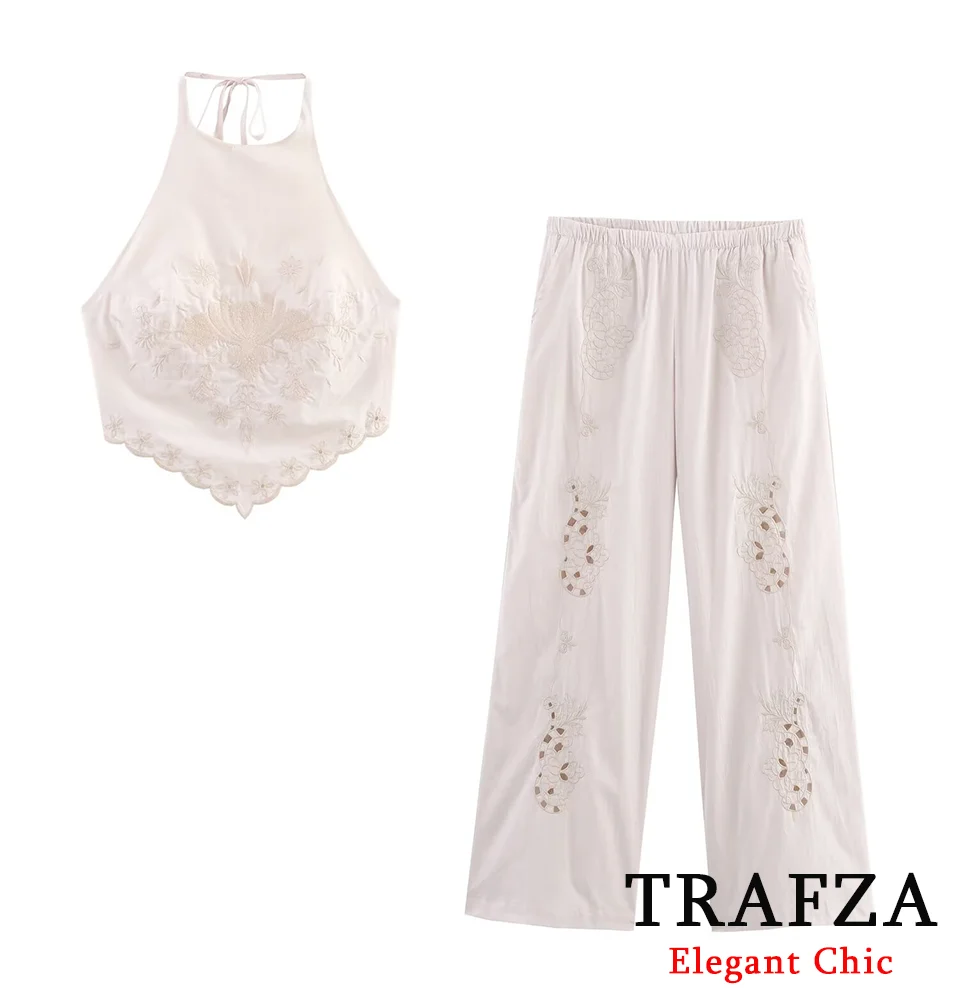 

TRAFZA Sexy Embroidery Pant Set Women's Backless Halter Top or Elastic Waist Pant 2025 Fashion Summer Beach Holiday Female Set