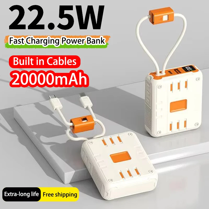 

Новый внешний аккумулятор емкостью 2000 мАч, 22,5 Вт, портативное зарядное устройство с быстрой зарядкой, встроенные кабели, внешний аккумулятор Powerbank для IPhone Xiaomi Huawei