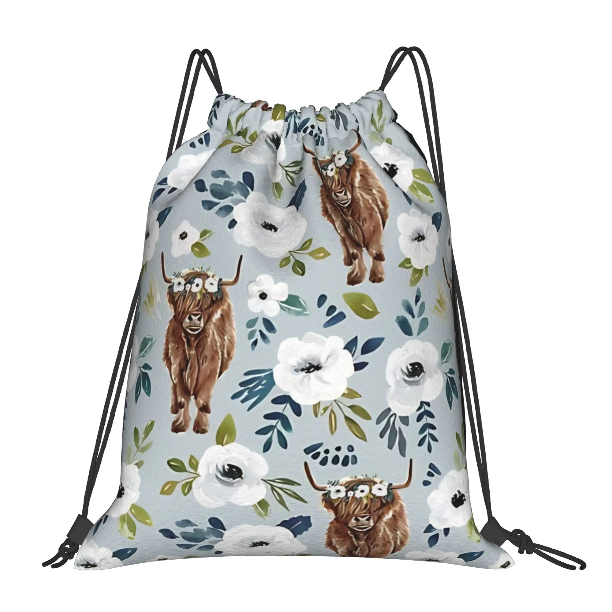 Floral Highland Cow with Flowers Portable Travel Riding Gym Drawstring Storage Sporty Backpacks