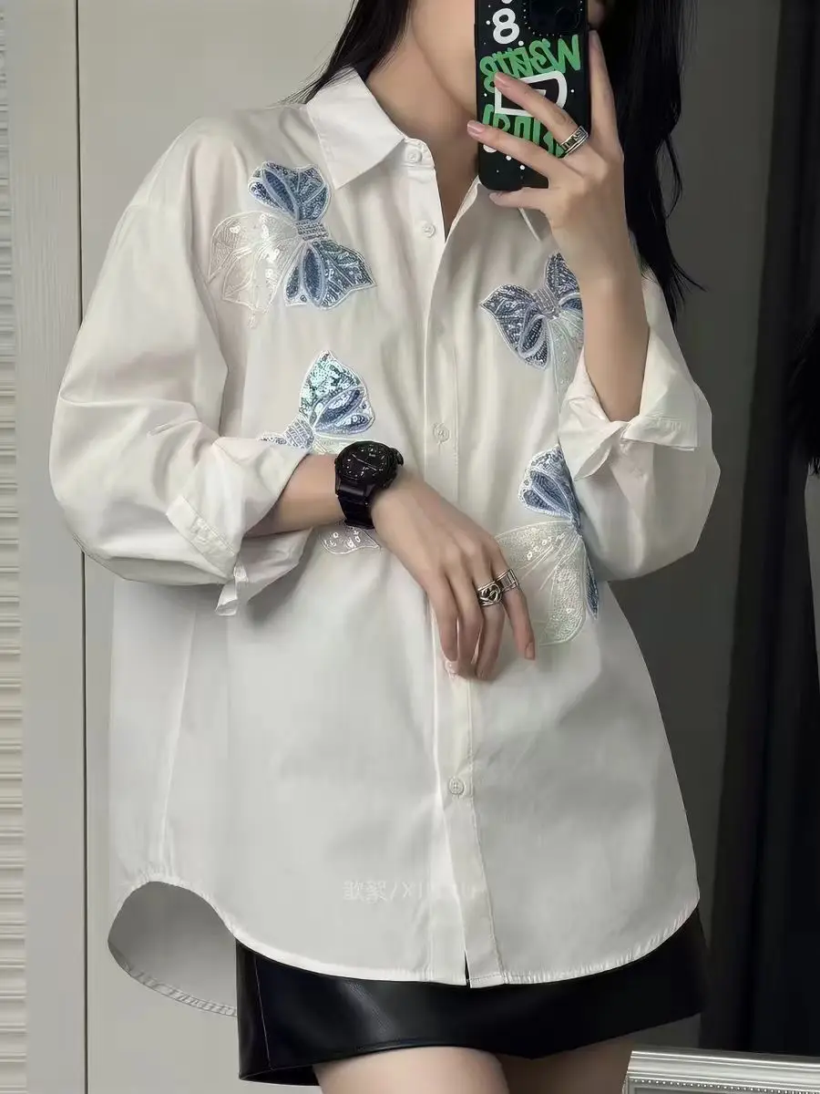 

Элитные хлопковые блузки-рубашки с вышивкой для женщин, модные топы с длинным рукавом на одной пуговице, коллекция 2026 года, женская одежда