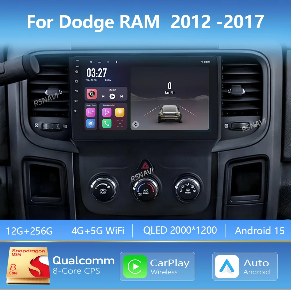 

Android 15 Carplay Auto 2K экран WIFI + 4G автомобильный мультимедийный радиоплеер для Dodge RAM 2012-2017 авторадио стерео 2Din головное устройство