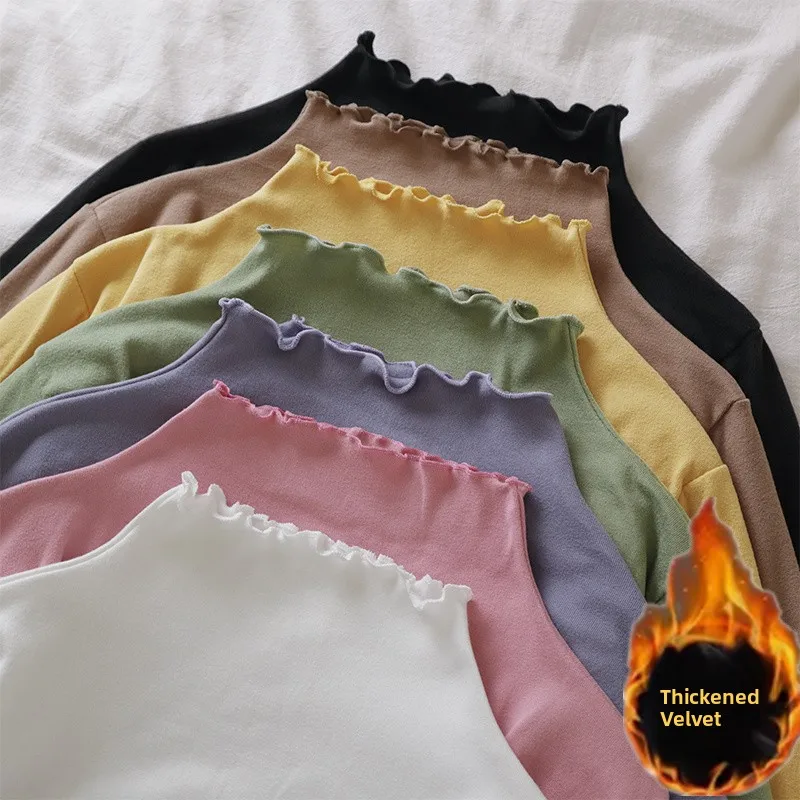 

Women's f High Collar Fce Lined T-irt Purple Taro Wood Ear Design Base Layer irt Inner Wear for Autumn Winter