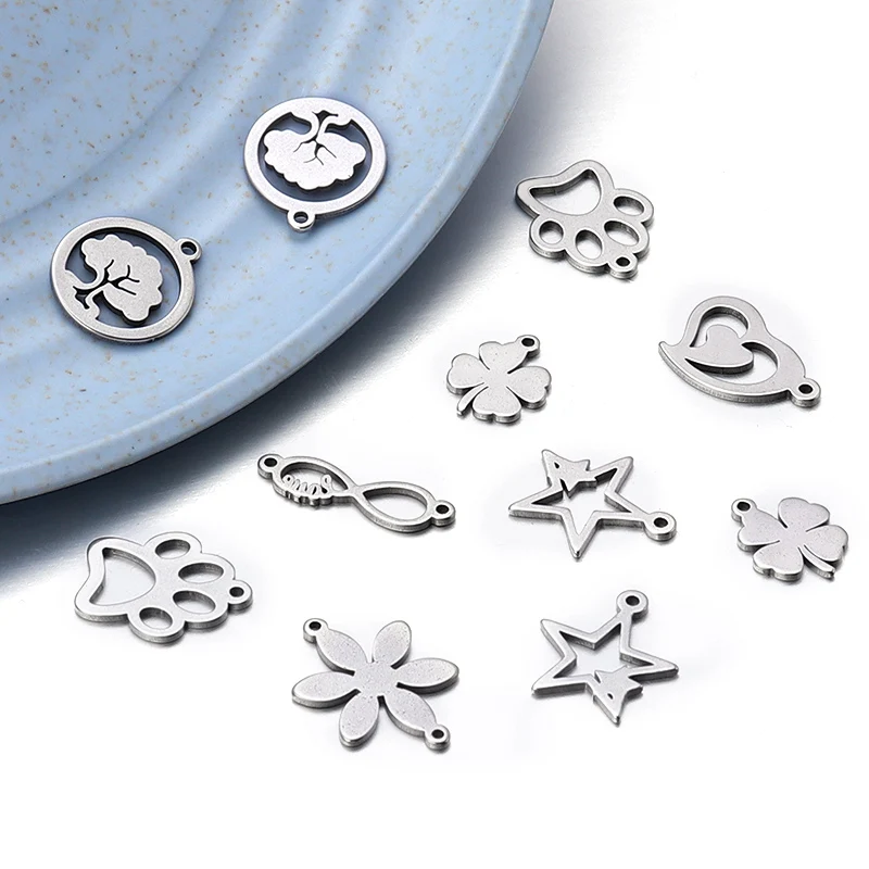 10 Pcs/lot Stainless Steel Pendents Flower Star Tree Heart Shape Charms Ornamental Pendants For Jewelry Making Necklace Bracelet