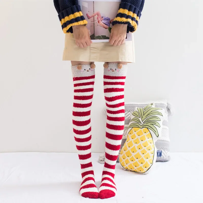 Women Cartoon Coral Velvet Knee Socks Lady Lovely Warm Comfortable Thick Long Socks Winter Cute Striped Christmas Stockings