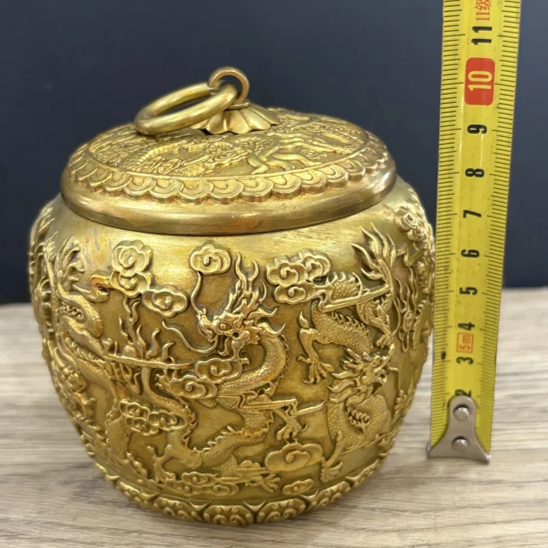 Brass , Baifu tea canister , Five Ox Dragon rice , copper jar ornament wi