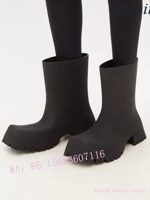 New Trendy Square Toe Thick-Soled Rain Boots Waterproof Workwear Fashion British All-Match Slimming Boots for Men and Women