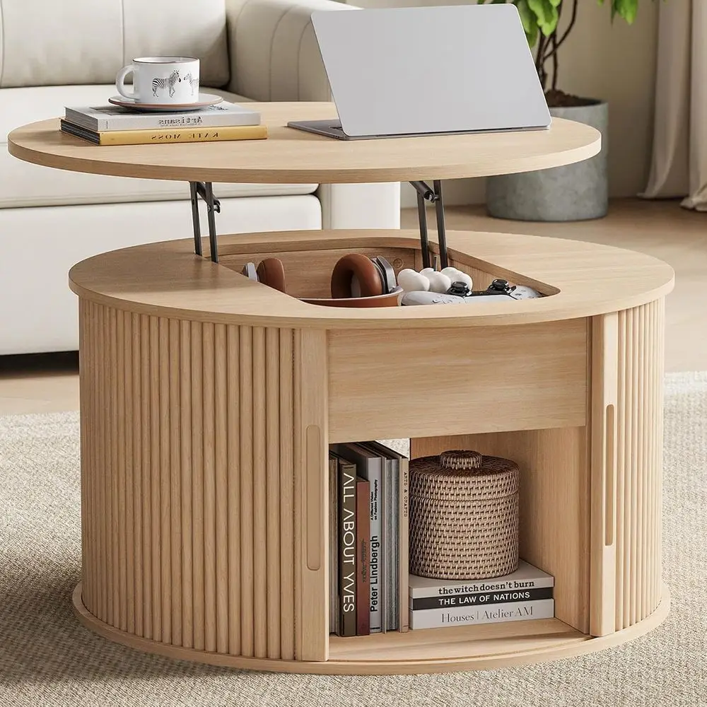 

Lift Top Coffee Table, Round Fluted Coffee Table with Storage, Boho Wooden Coffee Tables with Sliding Tambour Door, 31.5 Center