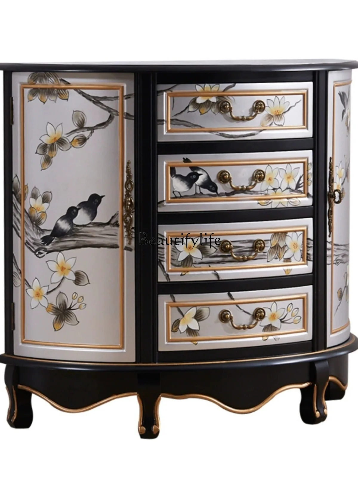 French new Chinese silver semi-round entrance cabinet hand-painted gold solid wood decorative cabinet