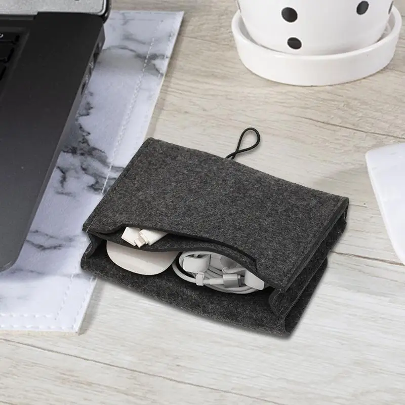 Felt Storage Case Bag Portable Felt Handbag Durable Mouse Charger Adapter Storage Bag Elastic Cord Design Lightweight Organizer