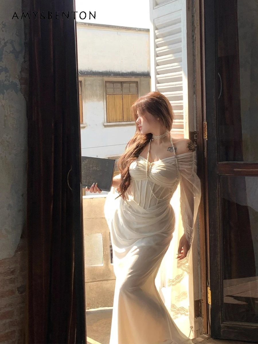 Hot-Selling Birthday Coming-of-Age Ceremony Banquet Plus Size Fishbone Chiffon Slim Fit Draped Sheer Apricot Long Dress