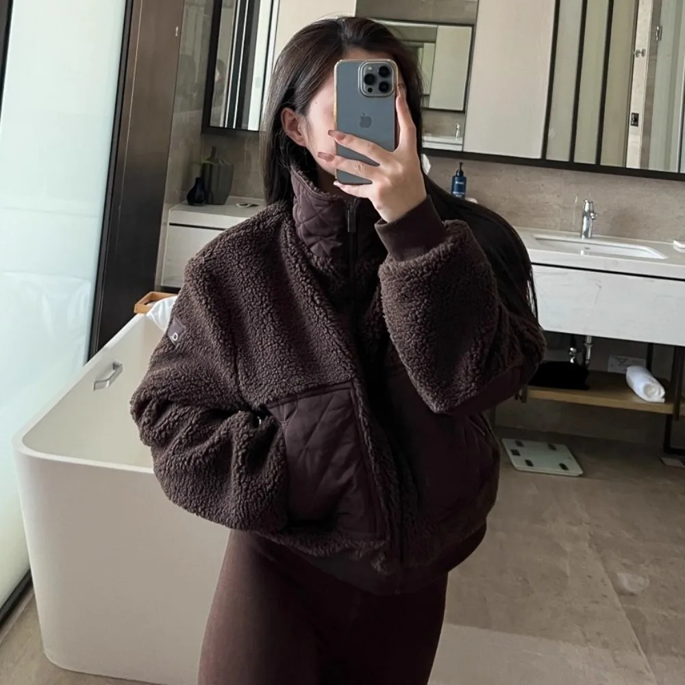 Winter New Style Versatile Cotton Jacket Design Sense Splicing Diamond Grid Double Pocket Lamb Fur Women Open Cardigan