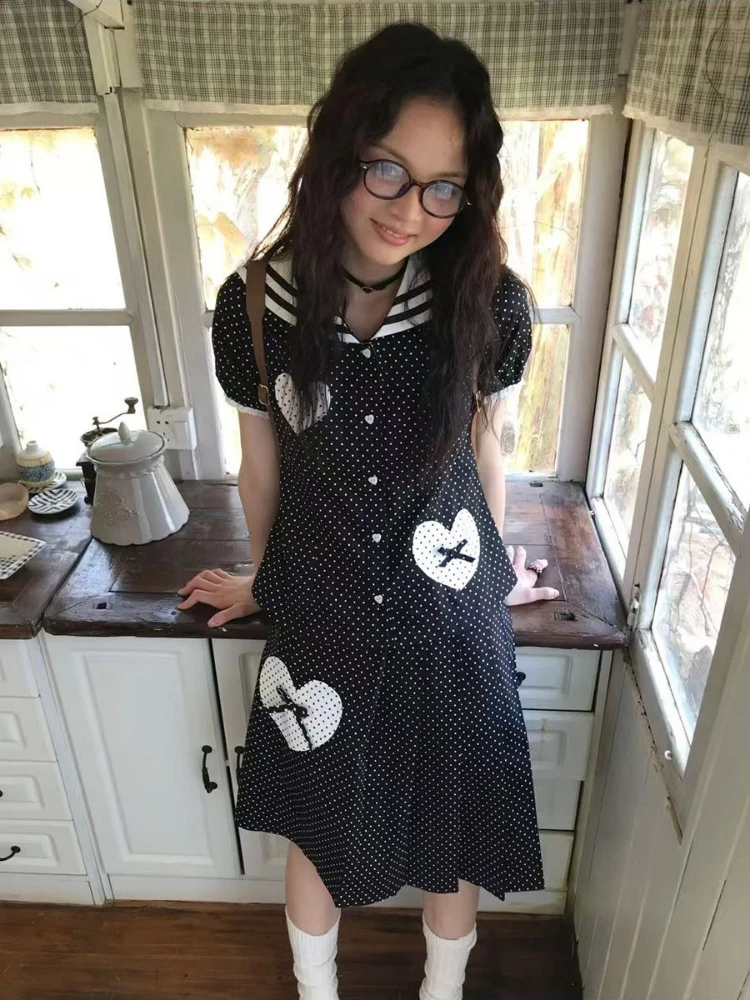 

Two Piece Sets Womens Outifits Y2K Aesthetic Wave Point Sailor Collar Blouses Fairy High Waist Love Bow Skirts Preppy Style Set