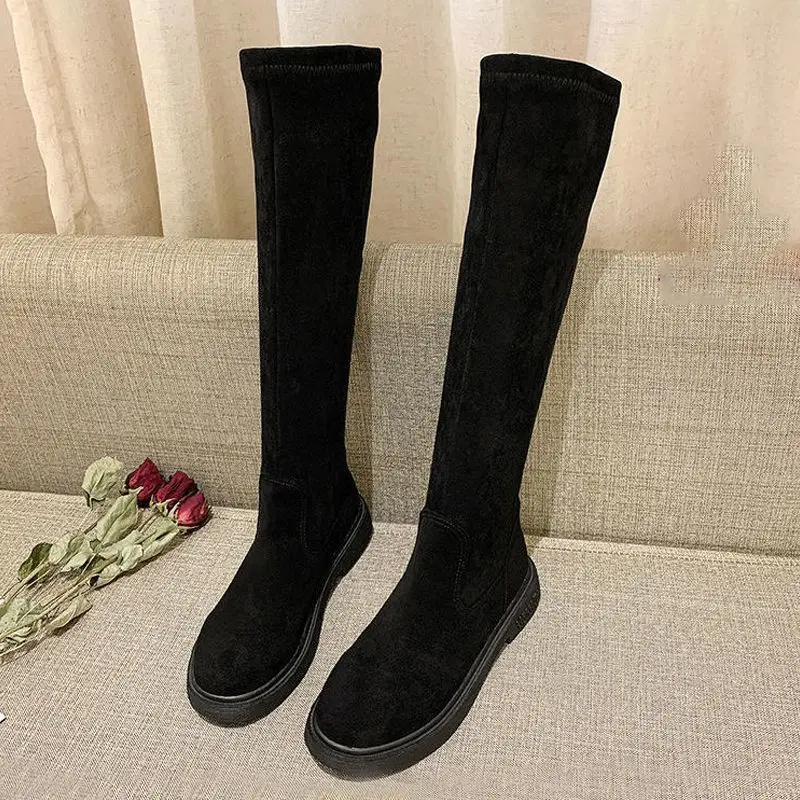 Elastic Half High Boots Woman Winter 2024 On Offer With High Quality Brown Autumn With Low Heels Flat Long Shoes For Women Hot