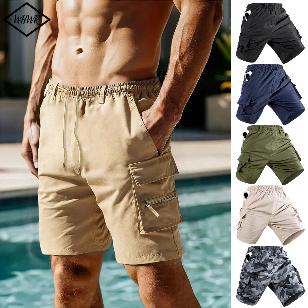 

Мужские шорты-карго с множеством карманов, повседневные спортивные летние шорты-бермуды, свободные, для активного отдыха, удобные, прочные, мужские короткие брюки