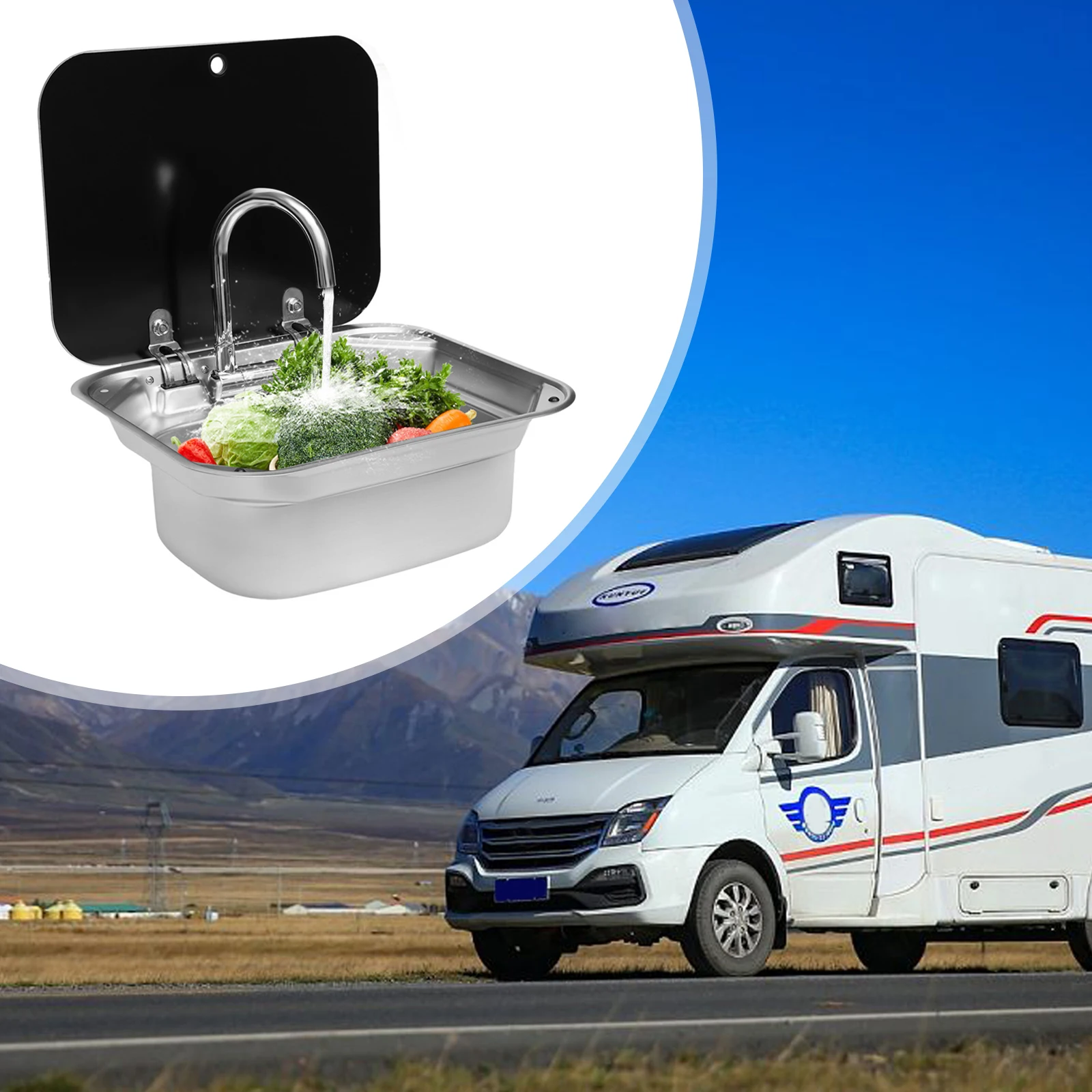 304 Stainless Steel RV Sink Set with Lid Tempered Glass Cover 360° Rotatable Hot and Cold Faucet Silver