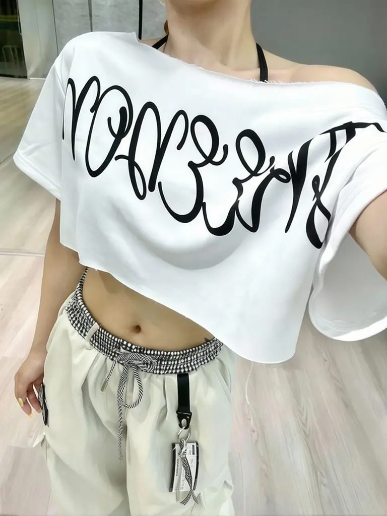 Y2k Sexy Off Shoulder Top Women Oversize Short Sleeve T-shirt Casual One Shoulder Summer Crop Top Streetwear Print White Tees