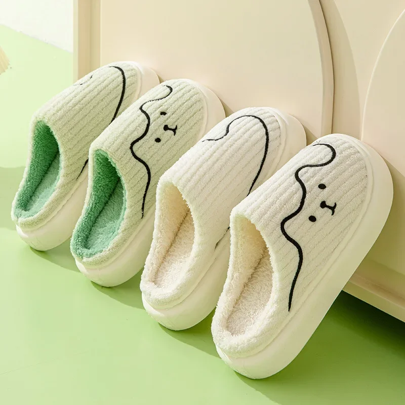 2024 New Women Cotton Slippers Cute Bear Pattern Thick Sole Warm Slides Soft Female Couple House Indoor Plush Flat Fluffy Shoes