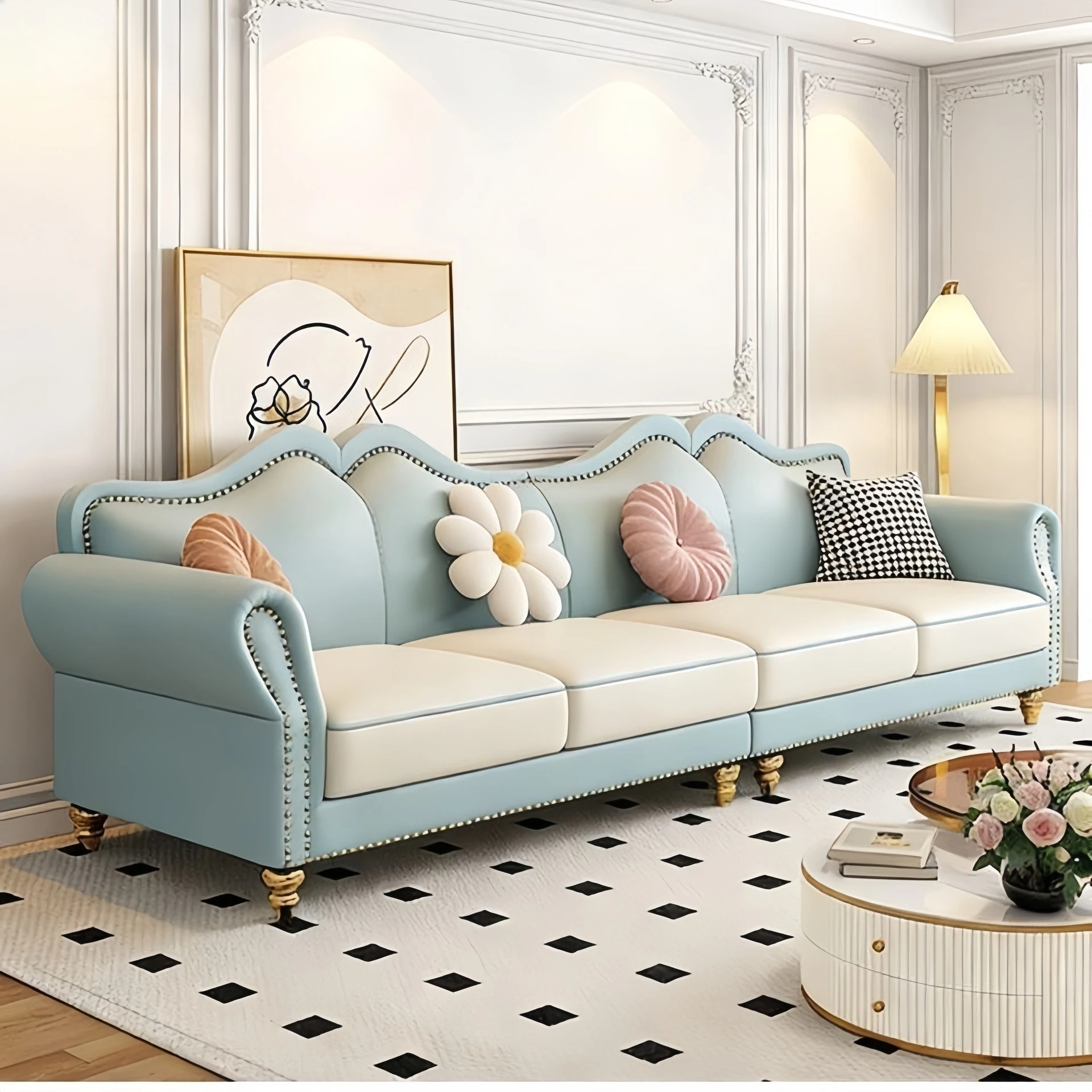 French cream style sofa high-end villa American simple combination sofa household color matching straight row sofa