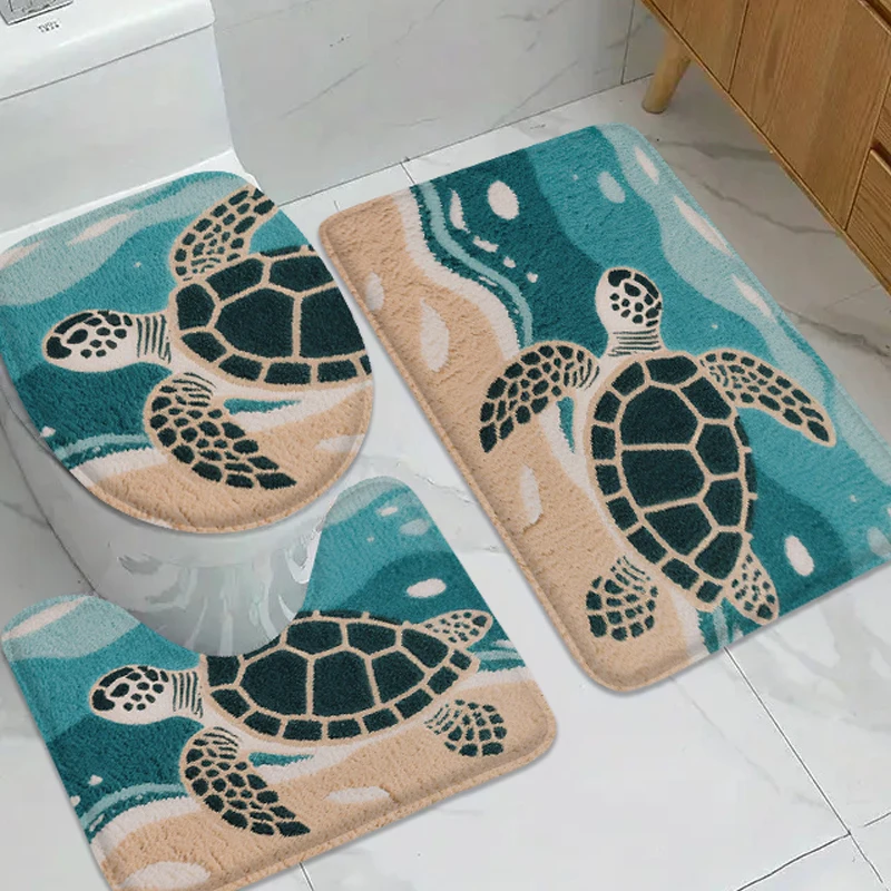 Blue green gradient seawater floor mat set, bathroom anti slip mat, shower room small carpet, toilet seat mat, door mat