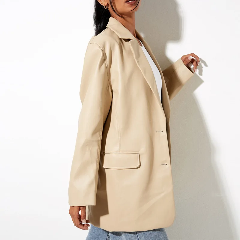 Bla Leather Jaet 2023 여성용 캐주얼 따뜻한 가을 겨울 신상품 여성 아우터웨어 PU 가죽 코트 슈트 칼라