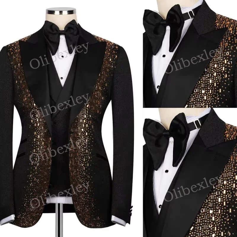 

Elegant Black Suits For Men 2 Piece 2025 Fashion Customized Tuxedos Formal Party Wedding Groom Beaded Crystals Slim Fit