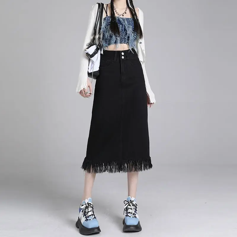 

Women's Stylish Premium Denim Midi Skirt 2026 Spring New Vintage Blue High Waisted A Line With Back Slit