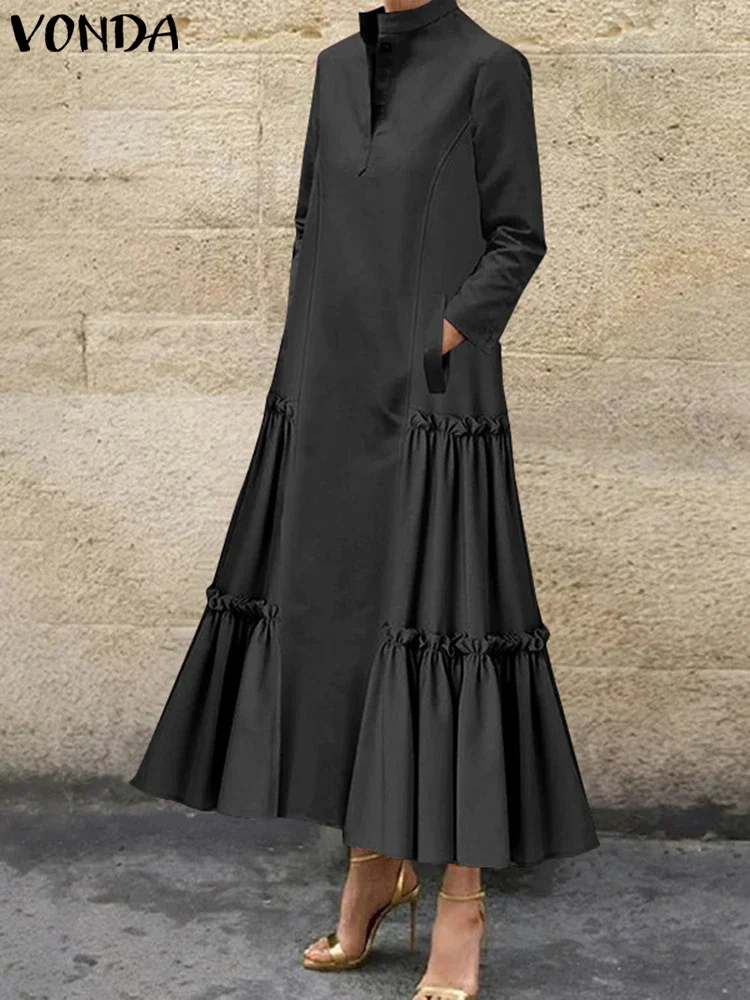 VONDA Abito lungo maxi con volant da donna 2025 Abito camicia a trapezio in tinta unita casual Colletto alla moda Manica lunga Vestido da festa