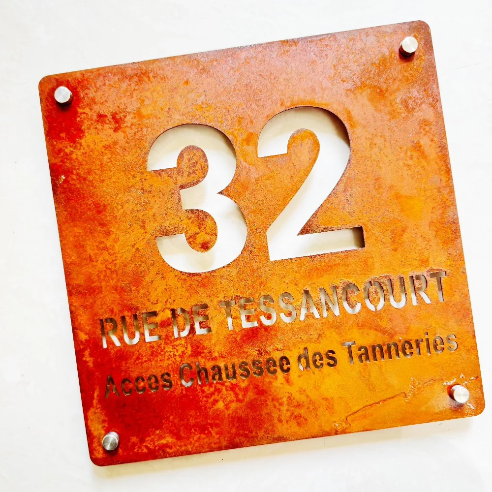 Modern Corten Steel Door Sign with Customized 3D Laser Cut Logo Letters Numbers, Waterproof Mounting Screws Plaque for Outdoor