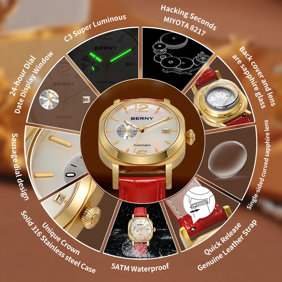 BERNY Ladies Mechanical Wristwatch Sapphire Genuine Leather MIYOTA 8217 Automatic Luxury Women Watch Luminous 5ATM Waterproof